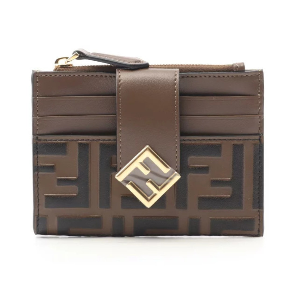 Fendi FF Diamond Zip Card Case Wallet Zucca Leather Accessory Brown Black